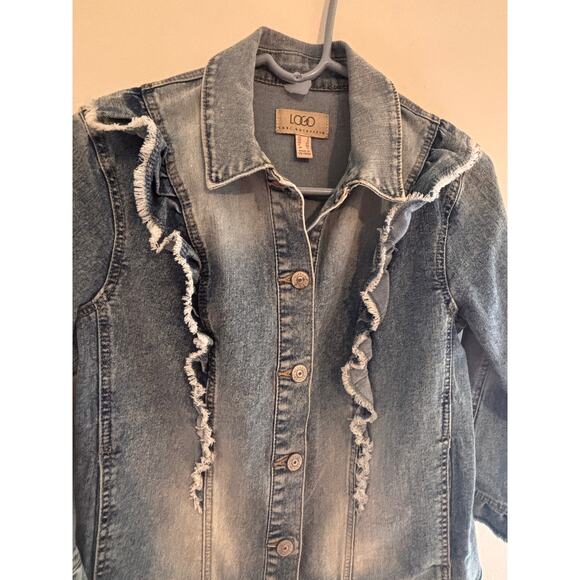 Logo Lori Goldstein Jean Jacket 3/4 Sleeve Raw Hem Distressed Ruffled Size 2 XS - Picture 7 of 7